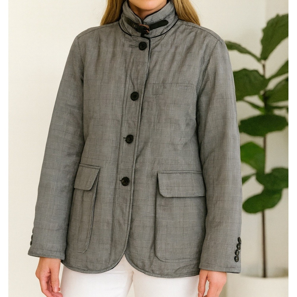 JF J.Ferrar‎ Slim Fit Quilted Glen Plaid Jacket Grey Mock Neck Field Coat Small